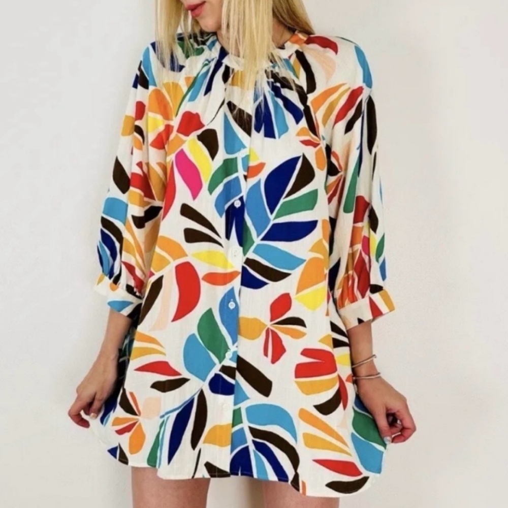 Tabitha Brown Target Collab Multicolor Leaf Floral Button Up Tunic Top Small